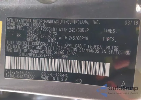 2018 Toyota Highlander Xle z USA, uszkodzony, nr VIN 5TDJZRFHXJS543558